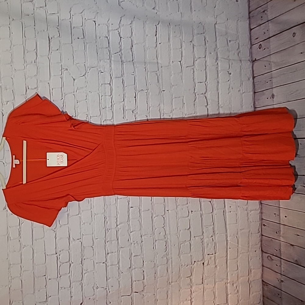 NEW Knox Rose Size Small Red Orange Tiered Rayon Flutter Sleeve Midi Dress